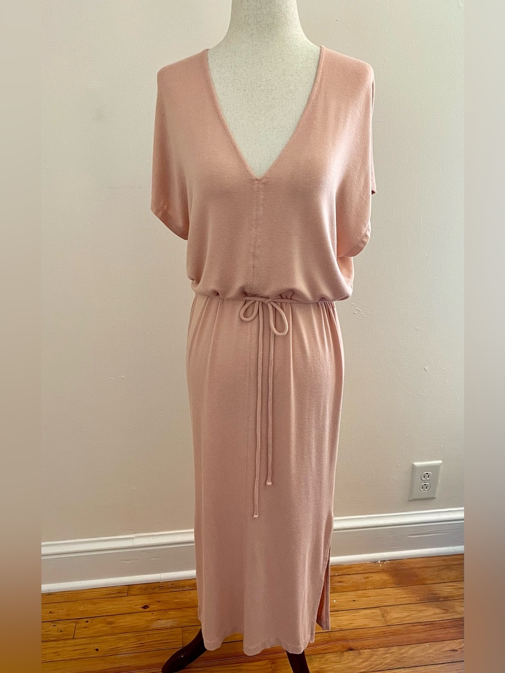 Vince Blush Pink Knit Midi Dress Drawstring Waist V-Neck Short Sleeve S